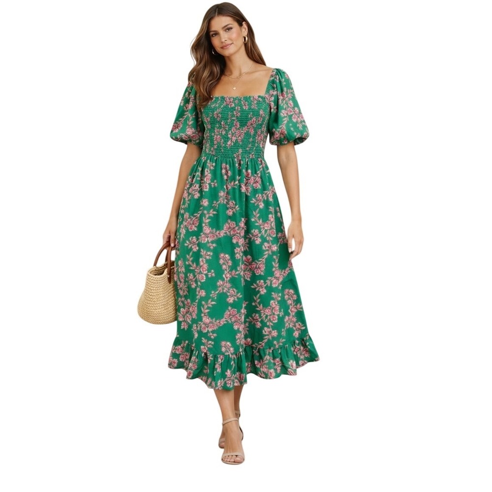 J. Crew Green Pink Floral Smocked Puff Sleeve Midi Dress Cottagecore Size Small